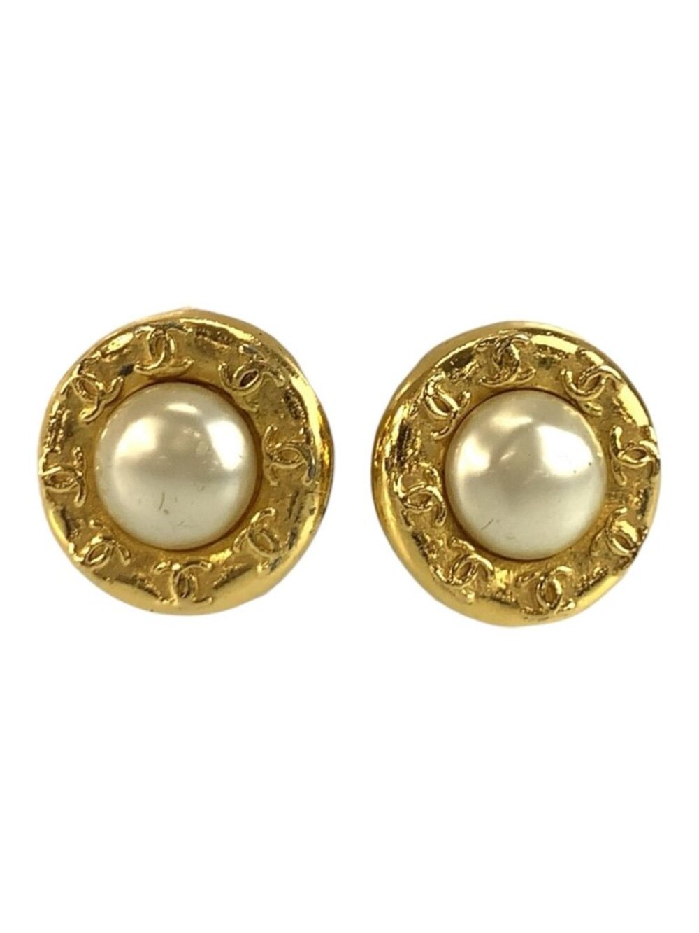Chanel Vintage CC Logo Gold Plated Faux Pearl Earrings
